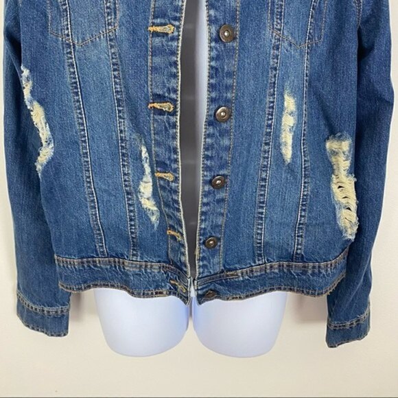MARCI Distressed Denim Jean Trucker Jacket Sequin Pineapple Back Size Medium - Picture 6 of 9